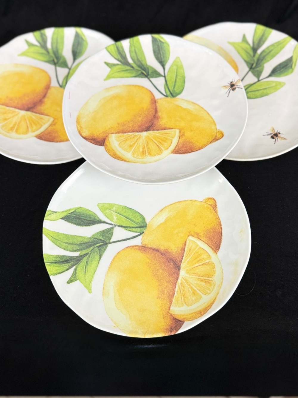 4 Shabby Chic Yellow Lemon and Honeybee 11 inch Melamine Dinner Plates Set